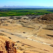 5 Day Egypt Tours - View to Nile Valley from Gurna hills, Hatshepsut's Temple. Luxor West Bank