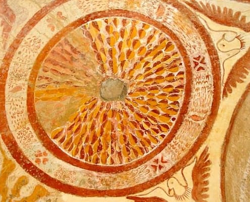 Dome, sun disc supported by four white birds