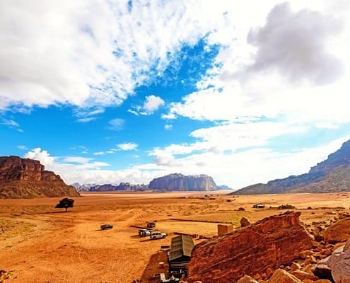 The scenic desert in Wadi Rum, Jordan viewed from the Lawrence's Spring