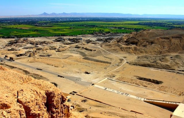 5 Day Egypt Tours (5 Day Egypt Itinerary) - View to Nile Valley from Gurna hills, Hatshepsut's Temple. Luxor West Bank