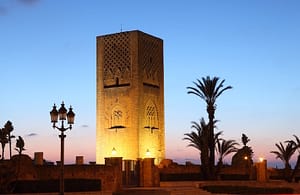 The Hassan Tower illuminated at night. Rabat, Morocco