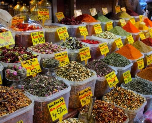 Displays of products on offer in the Spice Market in Istanbul Turkey