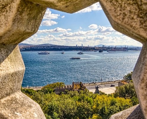 View of the Bosporus through stone rosette at the Topkapi Palace in Istanbul