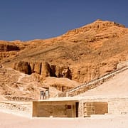 Tomb entrances and the pyramid-shaped peak of Al-Qurn, Valley of the Kings