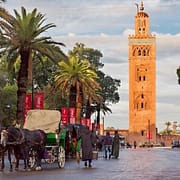 Things to do in Marrakech - Cab drivers in horse-drawn carriages around Koutoubia mosque awaiting tourists