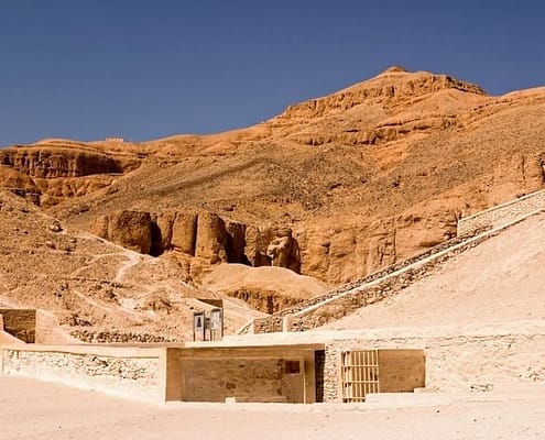 Tomb entrances and the pyramid-shaped peak of Al-Qurn, Valley of the Kings