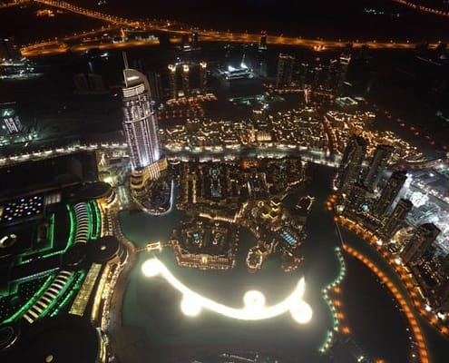 Aerial view of Dubai Fountaind and downtown Dubai at night