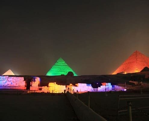 All 3 of the Great Giza Pyramids are lit up during the show
