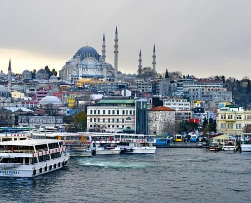 Cruise ferries in Eminonu Port. The Eminonu waterfront is a major dock for ferryboats in Istanbul