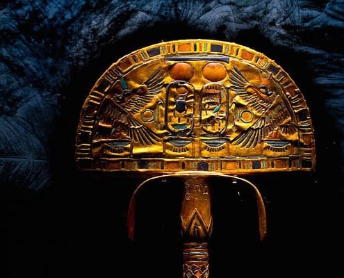Gilded and faience inlaid fan found within the intact tomb of king Tutankhamun