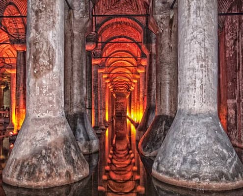 HDR image of the dark, damp and gloomy Basilica Cistern situated under the city of Istanbul