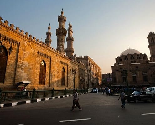 The Al Azhar Mosque stands next to the Mosque of Abu Dahab in Islamic Cairo