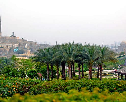 Panorama of The Mosque of Muhammad Ali and Azhar park in Cairo, Egypt