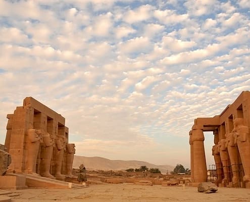 Evening light on the Ramesseum, the mortuary temple of Ramses II
