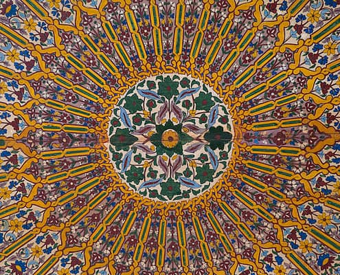 Intricate decoration of painted wood ceiling, a technique known as zouak painting
