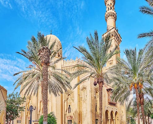 The medieval Abu al-Abbas al-Mursi Mosque is surrounded by lush palm garden, perfect place to rest and enjoy the views, Alexandria, Egypt