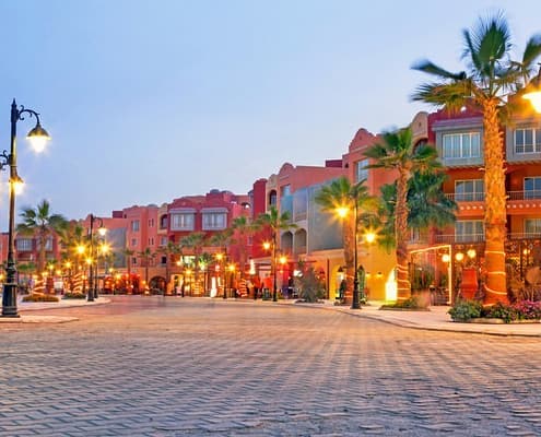 Hurghada, Egypt - Beautiful architecture of Hurghada Marina at dusk