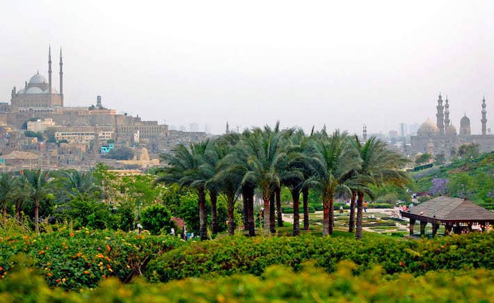 Panorama of The Mosque of Muhammad Ali and Azhar park in Cairo, Egypt