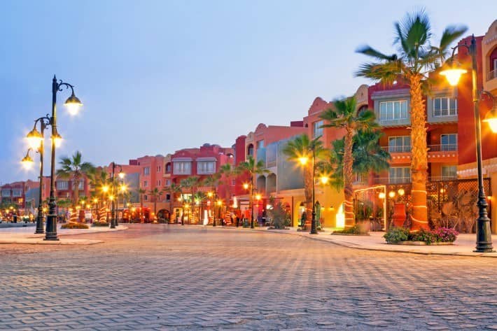 Hurghada, Egypt - Beautiful architecture of Hurghada Marina at dusk