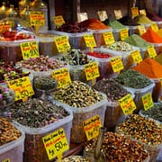 Displays of products on offer in the Spice Market in Istanbul Turkey