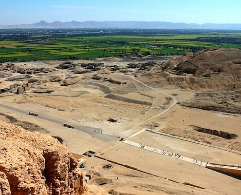 Nile Valley view from Gurna hills at Hatshepsut Temple