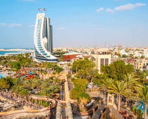 Side view of Jumeirah Beach Hotel seen from Wild Wadi Waterpark