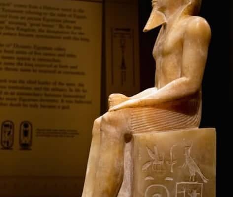 Side view of a statue of king Khafra from Mit Rahina which dates to the 4th dynasty of Egypt's Old Kingdom
