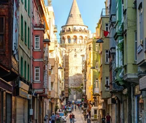 View of old narrow street with the Galata Tower