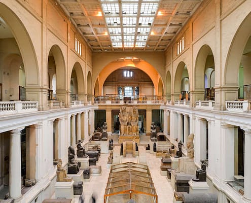 Wide angle interior view of Egyptian Museum in Cairo from the first floor