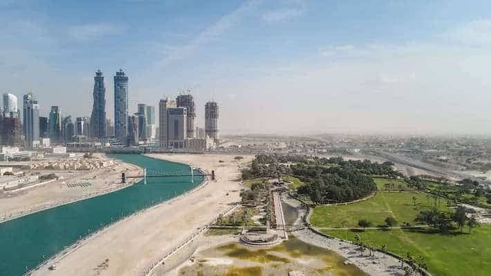 Aerial view of Safa park and Skyscrapers in Dubai, United Arab Emirates