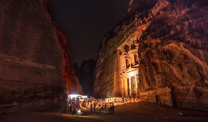 The Treasury in Petra by night