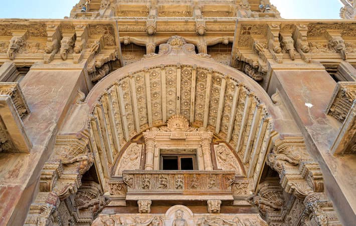 Low angled view of external facade of Baron Empain Palace, Heliopolis district, Cairo, Egypt