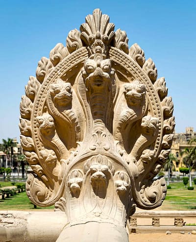 Hindu statue of snakes. One of the statues studding the terrace of the palace of Baron Empain, Cairo, Egypt