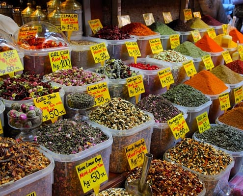 Displays of products on offer in the Spice Market in Istanbul Turkey