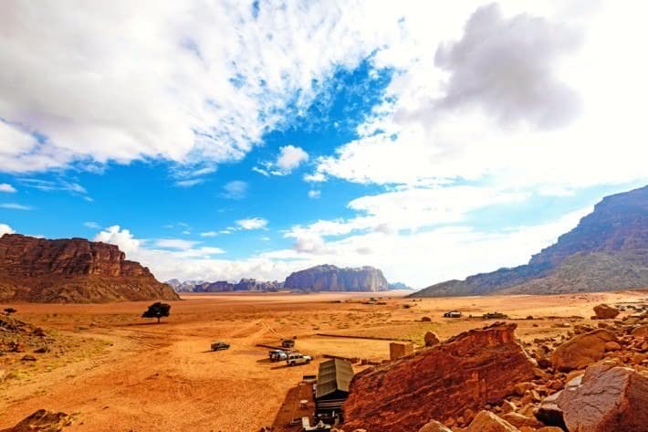 The scenic desert in Wadi Rum, Jordan viewed from the Lawrence's Spring
