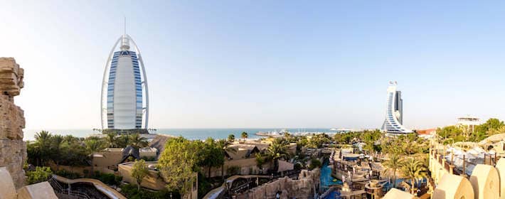 Wild Wadi Water Park with Burj Al Arab and Jumeira Beach in the background