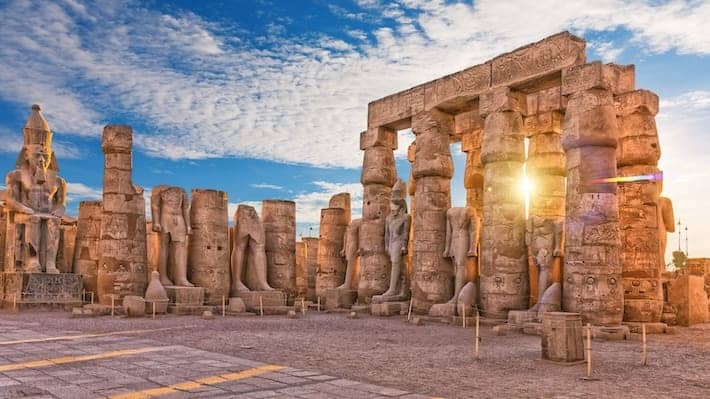 Ancient Luxor Temple, Standing Ramses II statues, First pylon ruins, Egypt