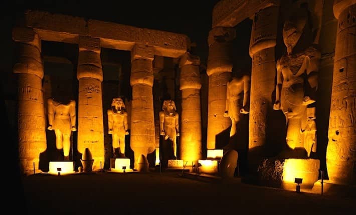 Columns and statues, Luxor Temple by night