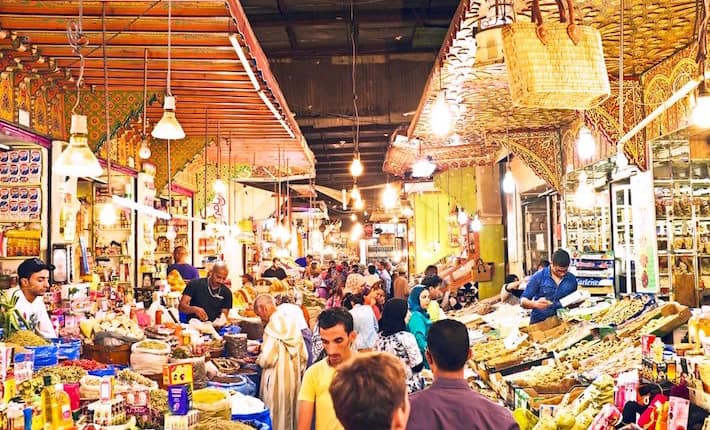 Typical street market in the old medina of Fes, Morocco, Africa