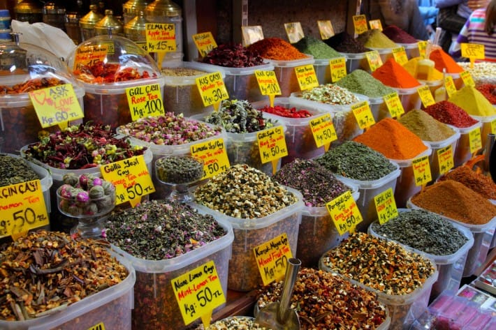 Displays of products on offer in the Spice Market in Istanbul Turkey